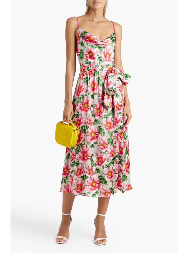 Alice + Olivia Samantha Floral Satin Midi Dress Size 8 Silk Viscose Nwot Draped